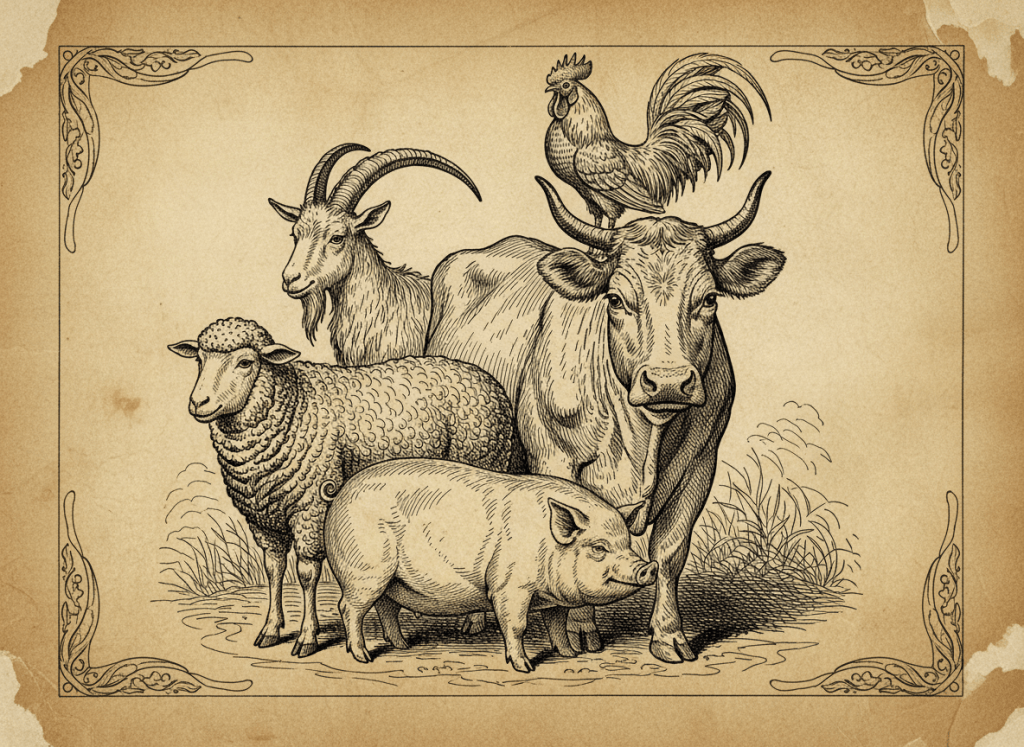 Antiqued line drawing of a group of farm animals including a cow, sheep, goat, pig, and rooster gathered together. Intricate pen-and-ink illustration style with aged sepia patina, fine cross-hatching and stippling, worn parchment aesthetic, reminiscent of an antique botanical or natural history engraving. Black ink lines on aged yellowed paper background.